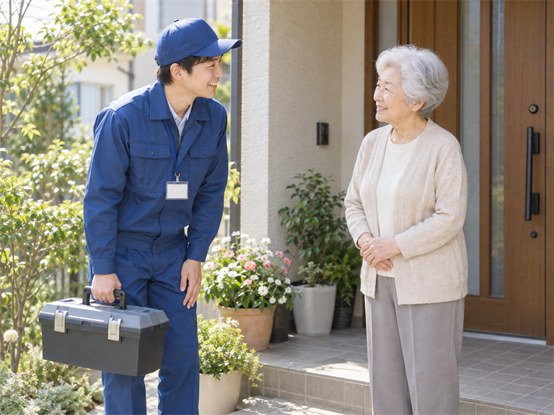 玄関先で高齢の方とやさしく話すスタッフ