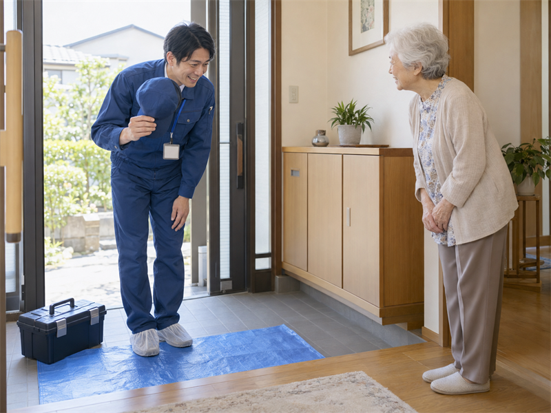 玄関で挨拶し、靴カバーを付けて上がるスタッフ