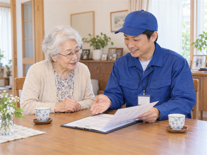 大きな字の見積書を見せながら高齢の女性に説明するスタッフ