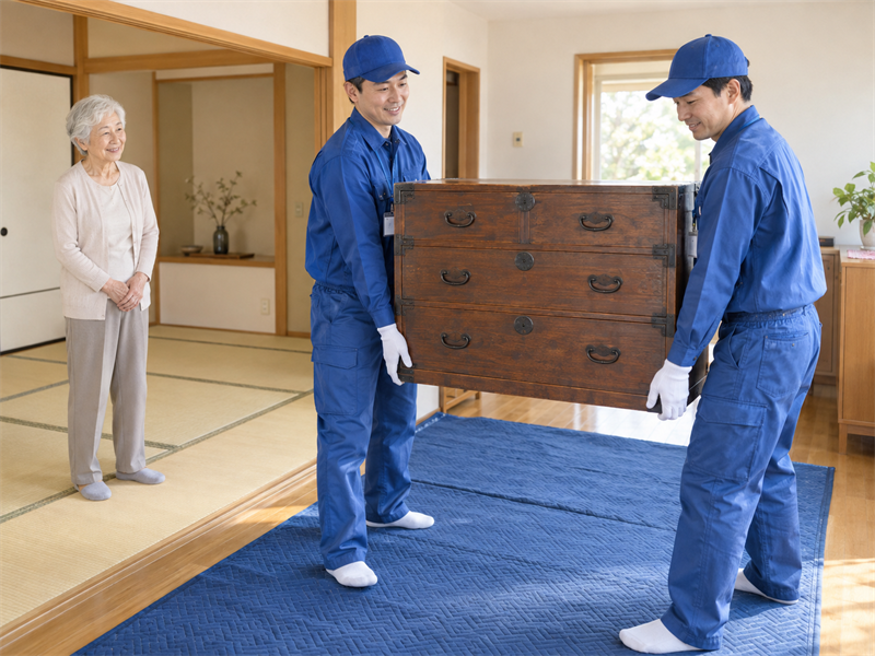 スタッフが床を保護して家具を運ぶ様子