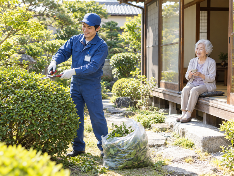 スタッフが庭木の剪定をし、縁側で高齢の女性が見ている様子