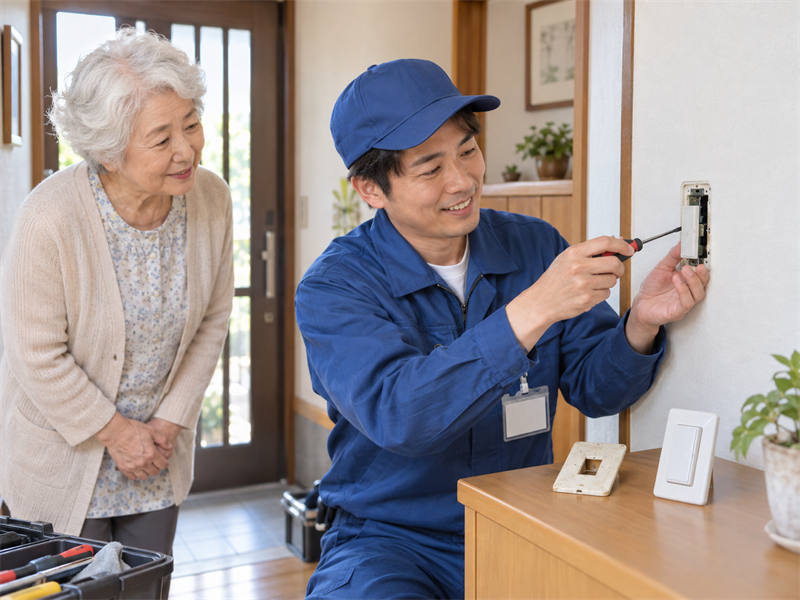 スタッフが壁のスイッチを交換する様子