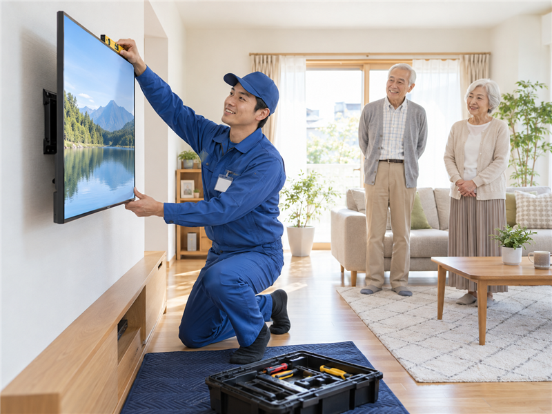 スタッフが壁にテレビを取り付ける様子