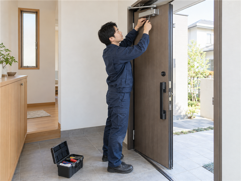 スタッフがドアクローザーを調整している様子