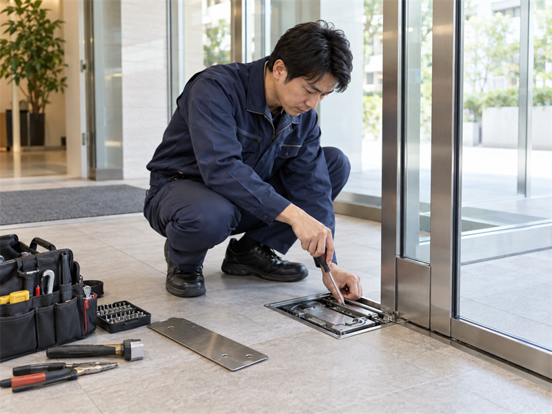 スタッフがフロアヒンジを調整している様子