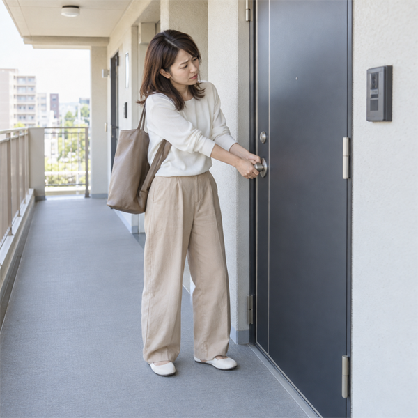 ドアノブが回らず困っている女性